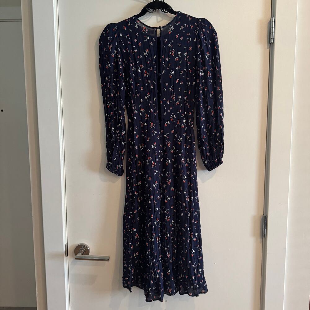 Reformation Luanne Floral Midi Dress Blue Button Zip Keyhole Long Sleeve Sz 2 - Picture 7 of 7
